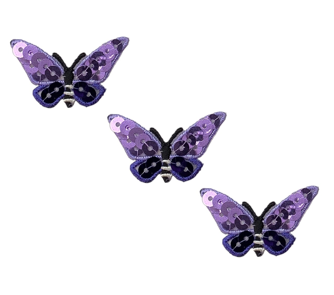 Set of 3, Purple Sequin Butterfly, Embroidered, Iron on Patch